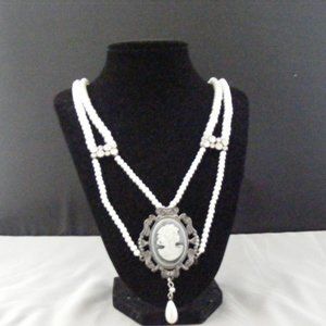Unusual Double Strand Pearl Cameo Necklace